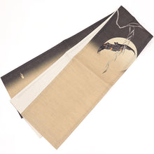 画像をギャラリービューアに読み込む, 京袋帯 《wakka》 お仕立て上がり 全通お太鼓柄 麻 近江の麻 ベージュ チャコール 満月に柳とコウモリ 妖怪 鬼火(墨色)