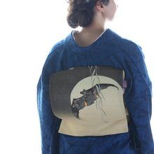 画像をギャラリービューアに読み込む, 京袋帯 《wakka》 お仕立て上がり 全通お太鼓柄 麻 近江の麻 ベージュ チャコール 満月に柳とコウモリ 妖怪 鬼火(墨色)