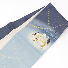 画像をギャラリービューアに読み込む, 京袋帯 《wakka》 お仕立て上がり 全通お太鼓柄 麻 近江の麻 ブルーグレー 猫のビアガーデン おつかれにゃ~ん(ブルー)