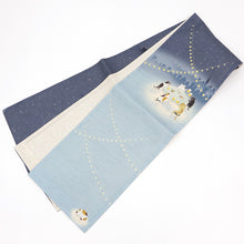 画像をギャラリービューアに読み込む, 京袋帯 《wakka》 お仕立て上がり 全通お太鼓柄 麻 近江の麻 ブルーグレー 猫のビアガーデン おつかれにゃ~ん(ブルー)