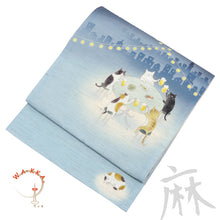 画像をギャラリービューアに読み込む, 京袋帯 《wakka》 お仕立て上がり 全通お太鼓柄 麻 近江の麻 ブルーグレー 猫のビアガーデン おつかれにゃ~ん(ブルー)