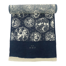 画像をギャラリービューアに読み込む, 浴衣 反物 ネイビー 日本製 綿70% 麻30% 巾40cm 長さ13m 新粋染 綿麻紅梅 小紋 麻の葉に花の丸文 梅 菊