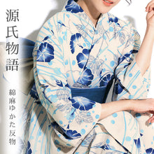 画像をギャラリービューアに読み込む, 浴衣 反物 《源氏物語》 日本製 染め 本染 綿麻 あさがお水紋 ブルー 264014