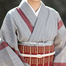 画像をギャラリービューアに読み込む, 阿波しじら織 着物 多色サンド縞にエンジライン No.309 - ふだんきものハイムラヤ