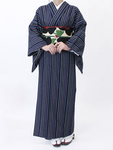 画像をギャラリービューアに読み込む, 阿波コットンウール しじら織 着物 藍色地に薄桃水黄モダン縞 No.w11