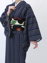 画像をギャラリービューアに読み込む, 阿波コットンウール しじら織 着物 藍色地に薄桃水黄モダン縞 No.w11