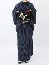 画像をギャラリービューアに読み込む, 阿波コットンウール しじら織 着物 藍色地に薄桃水黄モダン縞 No.w11