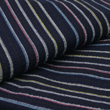 画像をギャラリービューアに読み込む, 阿波コットンウール しじら織 着物 藍色地に薄桃水黄モダン縞 No.w11