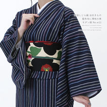 画像をギャラリービューアに読み込む, 阿波コットンウール しじら織 着物 藍色地に薄桃水黄モダン縞 No.w11