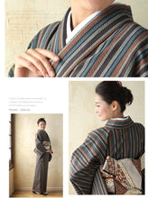 画像をギャラリービューアに読み込む, 阿波コットンウール しじら織 茶黄橙モダン縦縞 No.w19 - ふだんきものハイムラヤ オーダー専門店