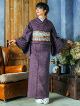 画像をギャラリービューアに読み込む, 阿波コットンウール しじら織 着物 エンジに絣縦縞 No.w20