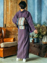 画像をギャラリービューアに読み込む, 阿波コットンウール しじら織 着物 エンジに絣縦縞 No.w20