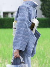 画像をギャラリービューアに読み込む, 阿波コットンウール しじら織 着物 薄青無地感絣縞 No.w22