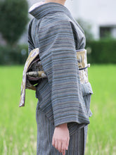 画像をギャラリービューアに読み込む, 阿波コットンウール しじら織 着物 黒杢に多色縞 No.w23