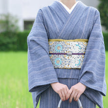 画像をギャラリービューアに読み込む, 阿波コットンウール しじら織 着物 薄青無地感絣縞 No.w22