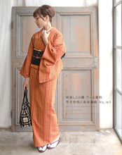 画像をギャラリービューアに読み込む, 阿波コットンウール しじら織 芥子色地に紫赤細縞 No.w5 - ふだんきものハイムラヤ オーダー専門店