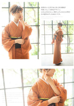 画像をギャラリービューアに読み込む, 阿波コットンウール しじら織 芥子色地に紫赤細縞 No.w5 - ふだんきものハイムラヤ オーダー専門店