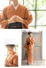 画像をギャラリービューアに読み込む, 阿波コットンウール しじら織 芥子色地に紫赤細縞 No.w5 - ふだんきものハイムラヤ オーダー専門店