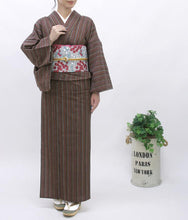 画像をギャラリービューアに読み込む, 阿波コットンウール しじら織 渋茶に鶯柿多色縞 No.w7 - ふだんきものハイムラヤ オーダー専門店