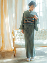 画像をギャラリービューアに読み込む, 阿波コットンウール しじら織 着物 グリーンカーキに絣縦縞 No.w24