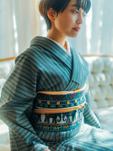 画像をギャラリービューアに読み込む, 阿波コットンウール しじら織 着物 グリーンカーキに絣縦縞 No.w24