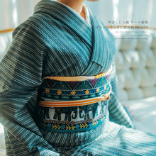 画像をギャラリービューアに読み込む, 阿波コットンウール しじら織 着物 グリーンカーキに絣縦縞 No.w24