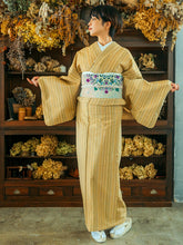 画像をギャラリービューアに読み込む, 阿波コットンウール しじら織 着物 山吹に多色縞 No.w25