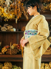 画像をギャラリービューアに読み込む, 阿波コットンウール しじら織 着物 山吹に多色縞 No.w25