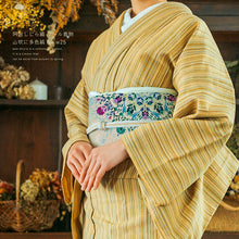 画像をギャラリービューアに読み込む, 阿波コットンウール しじら織 着物 山吹に多色縞 No.w25