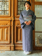 画像をギャラリービューアに読み込む, 阿波コットンウール しじら織 着物 薄墨黒に絣縦縞 No.w26