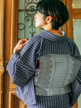 画像をギャラリービューアに読み込む, 阿波コットンウール しじら織 着物 薄墨黒に絣縦縞 No.w26