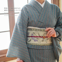 画像をギャラリービューアに読み込む, 阿波しじら織 着物 薄茶と抹茶緑ストライプ No.102 - ふだんきものハイムラヤ オーダー専門店