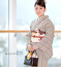 画像をギャラリービューアに読み込む, 阿波しじら織 着物 生成り地に橙黄松茶ストライプ No.307 - ふだんきものハイムラヤ