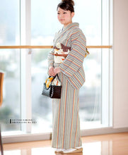 画像をギャラリービューアに読み込む, 阿波しじら織 着物 生成り地に橙黄松茶ストライプ No.307 - ふだんきものハイムラヤ