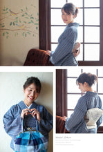 画像をギャラリービューアに読み込む, 阿波しじら織 着物 青紺縦縞に黄桃の横段縞 No.41 - ふだんきものハイムラヤ オーダー専門店