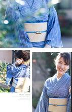 画像をギャラリービューアに読み込む, 阿波しじら織 着物 青紺縦縞に黄桃の横段縞 No.41 - ふだんきものハイムラヤ オーダー専門店