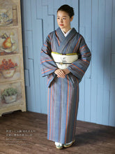 画像をギャラリービューアに読み込む, 阿波しじら織 着物 灰紺に橙多色縞 オレンジ No.46 - ふだんきものハイムラヤ