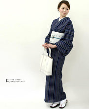 画像をギャラリービューアに読み込む, 阿波しじら織 着物 藍色地に薄桃水黄モダン縞 No.H11 - ふだんきものハイムラヤ オーダー専門店