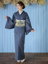 画像をギャラリービューアに読み込む, 阿波しじら織 着物 青藍に赤焦茶双子縞 No.H46