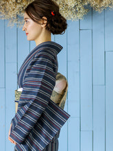 画像をギャラリービューアに読み込む, 阿波しじら織 着物 青藍に赤焦茶双子縞 No.H46