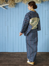 画像をギャラリービューアに読み込む, 阿波しじら織 着物 青藍に赤焦茶双子縞 No.H46