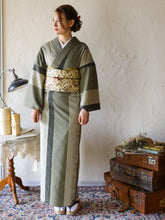 画像をギャラリービューアに読み込む, 阿波しじら織 着物 抹茶の三色大縞 No.H49