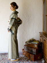 画像をギャラリービューアに読み込む, 阿波しじら織 着物 抹茶の三色大縞 No.H49