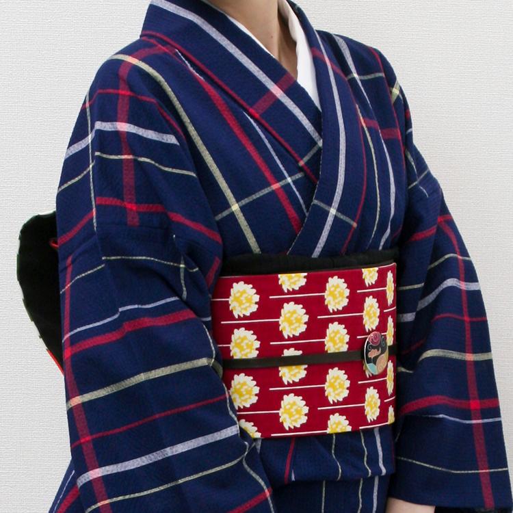 阿波しじら織 着物 藍色地に白赤黄の縞格子 No.70 – ふだんきもの