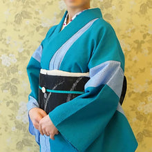 画像をギャラリービューアに読み込む, 阿波しじら織 着物 エメラルド地に空色大縞 No.H32 - ふだんきものハイムラヤ