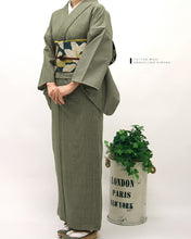 画像をギャラリービューアに読み込む, 阿波コットンウール しじら織 着物 モスグリーン無地感柄 No.w28