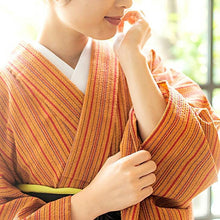 画像をギャラリービューアに読み込む, 阿波コットンウール しじら織 芥子色地に紫赤細縞 No.w5 - ふだんきものハイムラヤ オーダー専門店