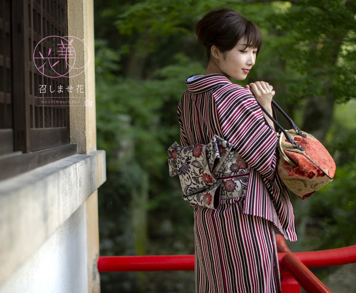 半巾帯 《召しませ華》 紅型調 紫赤花唐草 和花更紗B（レッド