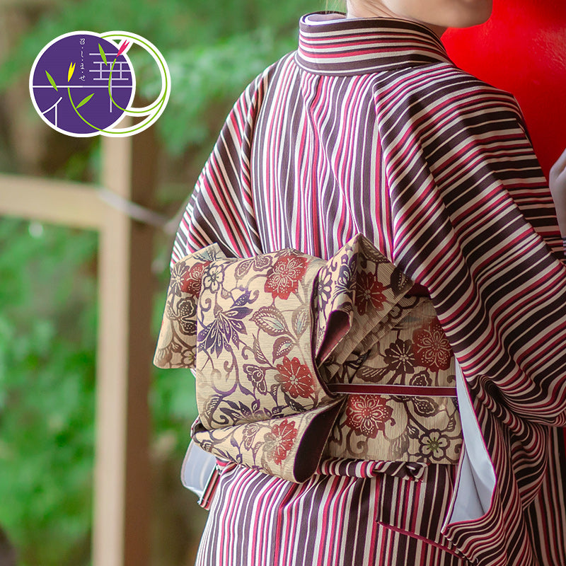 半巾帯 《召しませ華》 紅型調 紫赤花唐草 和花更紗B（レッド