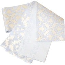 画像をギャラリービューアに読み込む, 半巾帯 《召しませ花》 正絹 博多織 薄青紫 生成り ベージュ 変わり七宝 ドット模様
